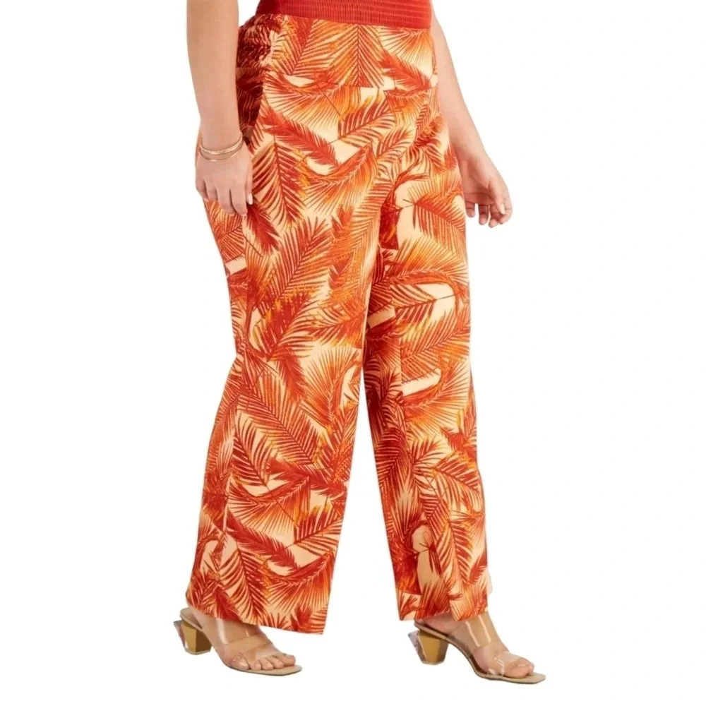 INC Wide Leg Pants Linen Orange Palm Print High Rise Zip Stretch Waist